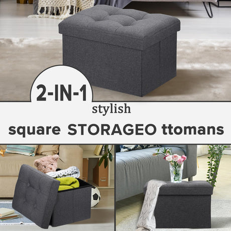 LINMAGCO Ottoman Storage Ottoman with Storage Small Foot Rest Stool Under Desk Stool Short Folding Footrest Linen Cloth Dark Gray 16X12X12IN LINMAGCO