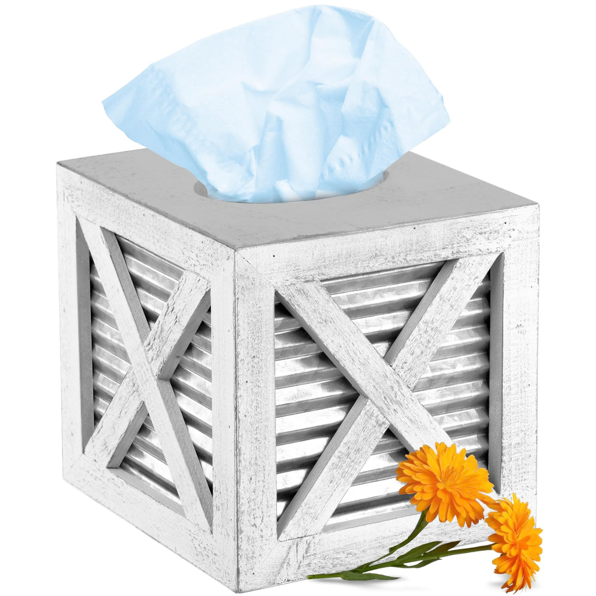 Autumn Alley Barn Door Square Farmhouse Tissue Box Cover in White and Galvanized – Farmhouse Bathroom Accessories – Rustic Bathroom Décor Tissue Holder | Wood Shabby Chic Tissue Box Cover Autumn Alley