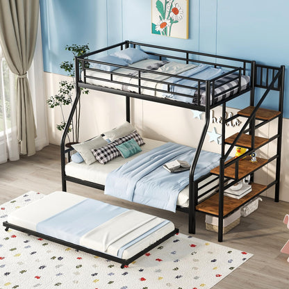 Harper & Bright Designs Twin Over Full Bunk Beds with Trundle, Metal Bunk Beds with Storage Staircase and Guard Rail, Bunk Bed Twin Over Full Size for Boys Girls Teens Dormitory Bedroom,Black