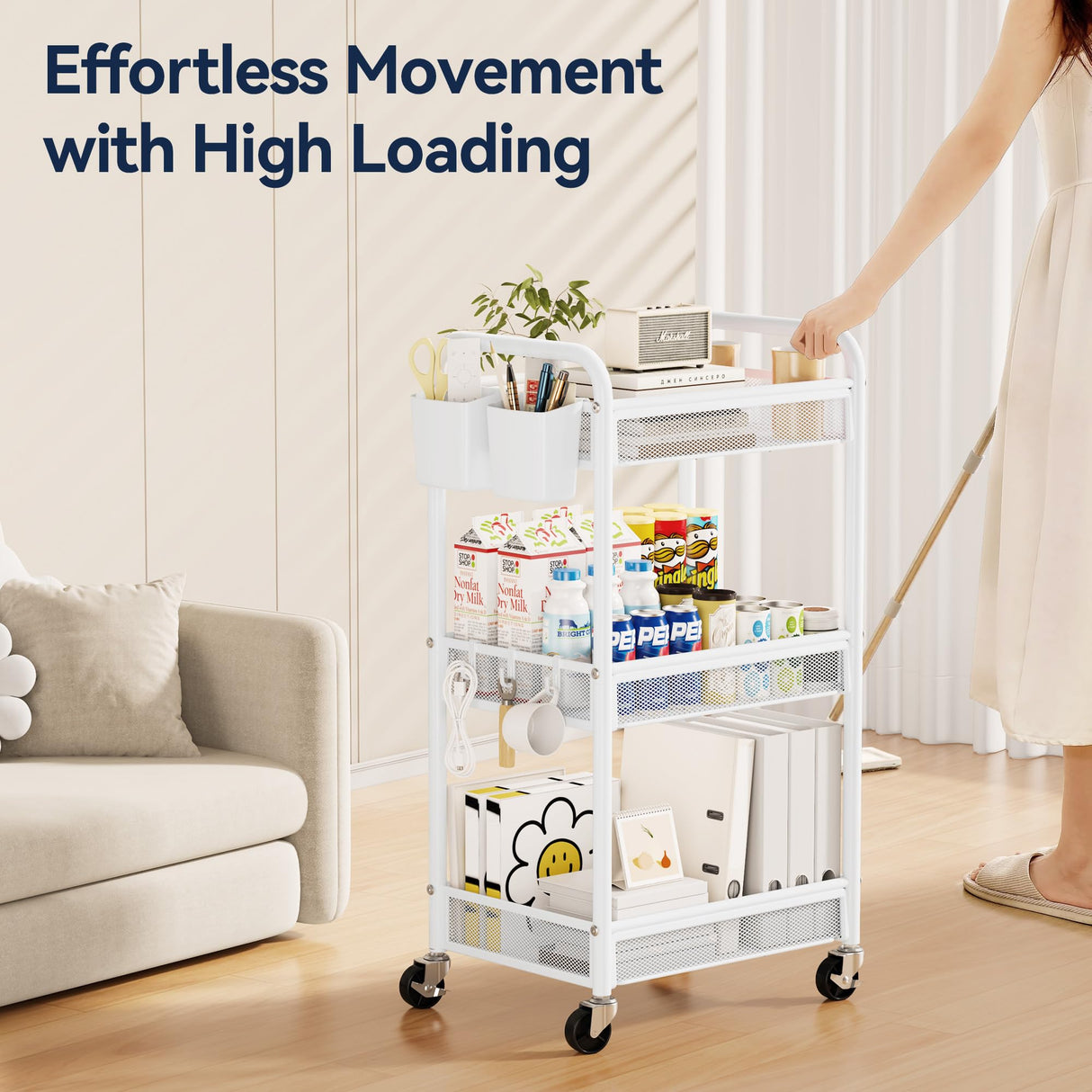 YASONIC 3 Tier Rolling Cart – Metal Utility Storage Cart with Wheels, Craft Carts Organizer with Hanging Cups, Hooks, Mesh Basket for Bedside Kitchen Office Art, White YASONIC