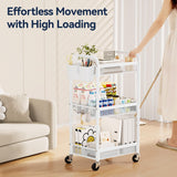 YASONIC 3 Tier Rolling Cart – Metal Utility Storage Cart with Wheels, Craft Carts Organizer with Hanging Cups, Hooks, Mesh Basket for Bedside Kitchen Office Art, White YASONIC