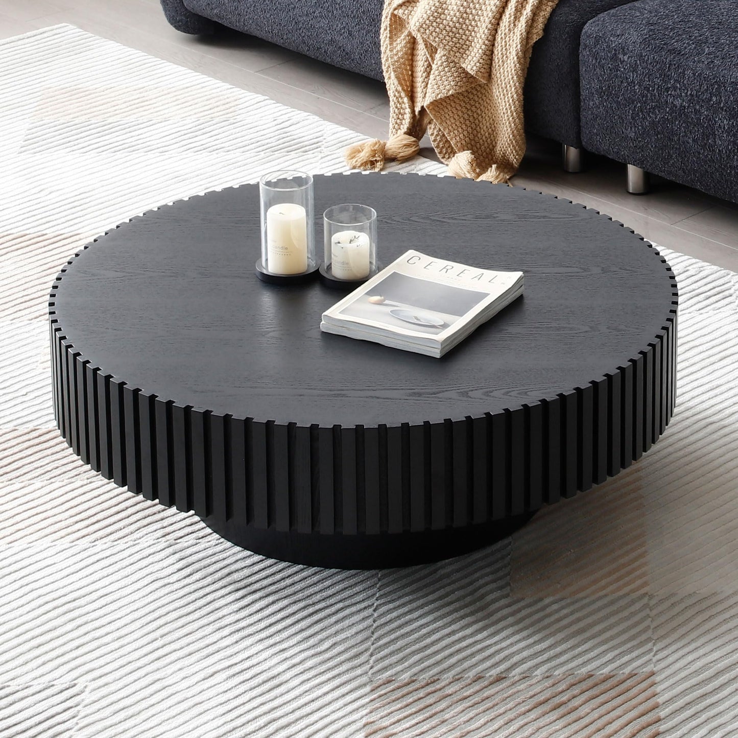 31.49" Round Wood Coffee Table, Modern Unique Circle Coffee Table, Contemporary Oak Drum Fluted Coffee Table Accent Side Table Center Table for Living Room, Small Space, Apartment, Black