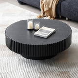 31.49" Round Wood Coffee Table, Modern Unique Circle Coffee Table, Contemporary Oak Drum Fluted Coffee Table Accent Side Table Center Table for Living Room, Small Space, Apartment, Black SLEERWAY