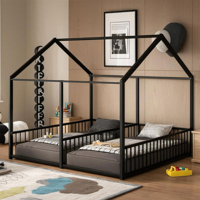 PVWIIK Double Montessori Floor Bed with Fence & Roof for Two Kids Teens Boys Girls,Twin Floor Bed,Easy Assemble,No Box Spring Needed, Black