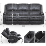 Yolsali 3-Seater Recliner Sofa, Manual Reclining Couch with Multi-Functional Middle Seat, Reclining Sofa for Living Room with Hidden Storage Space, Cup Holders, and Removable Console - Grey Yolsali
