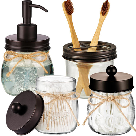 Amolliar Mason Jar Bathroom Accessories Set 4 Pcs -Lotion Soap Dispenser & 2 Qtip Holders & Toothbrush Holder - Rustic Farmhouse Decor, Bathroom Home Decor (Bronze) Amolliar