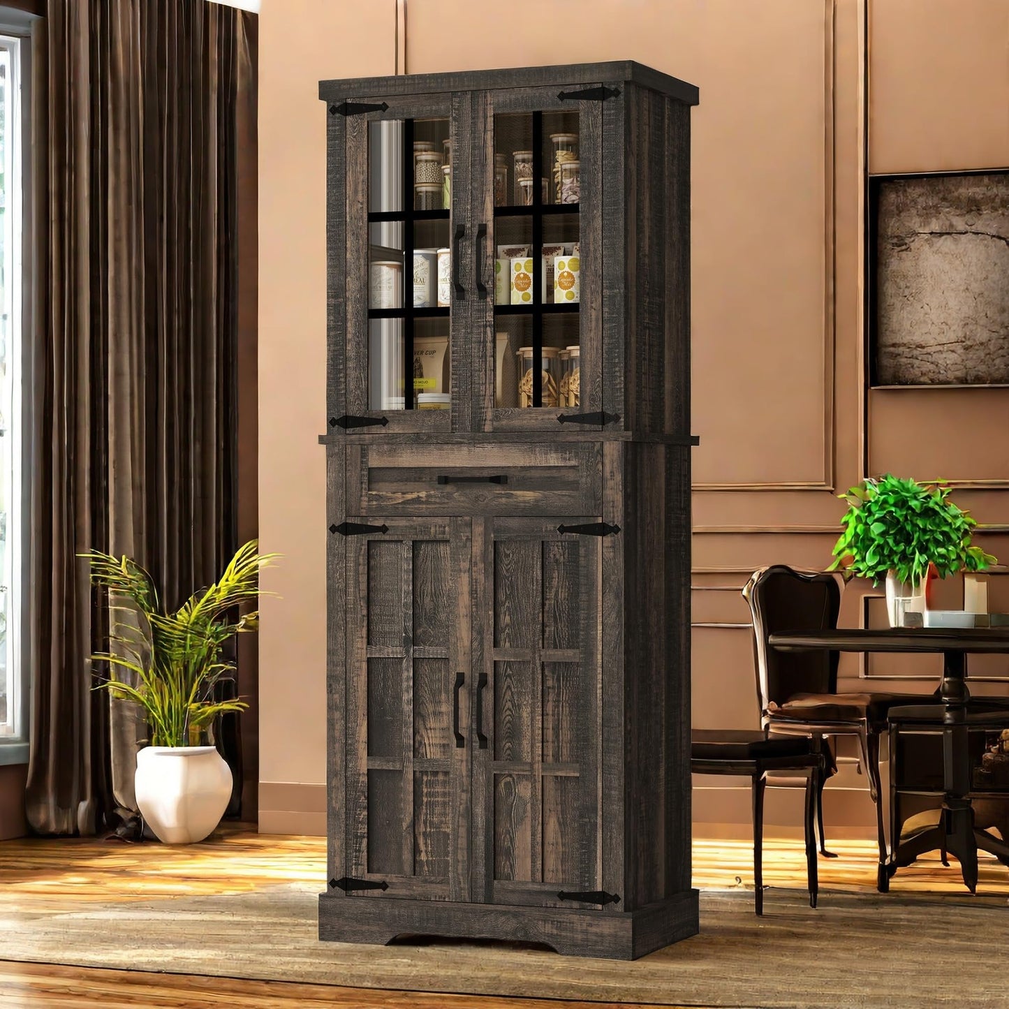 YITAHOME 71" Farmhouse Storage Cabinet, Kitchen Pantry, Wooden, Hutch, Tall Cabinet with 1 Drawers, 5 Storage Shelves, Freestanding for Living Room, Kitchen with 2 Doors Rustic Dark Brown