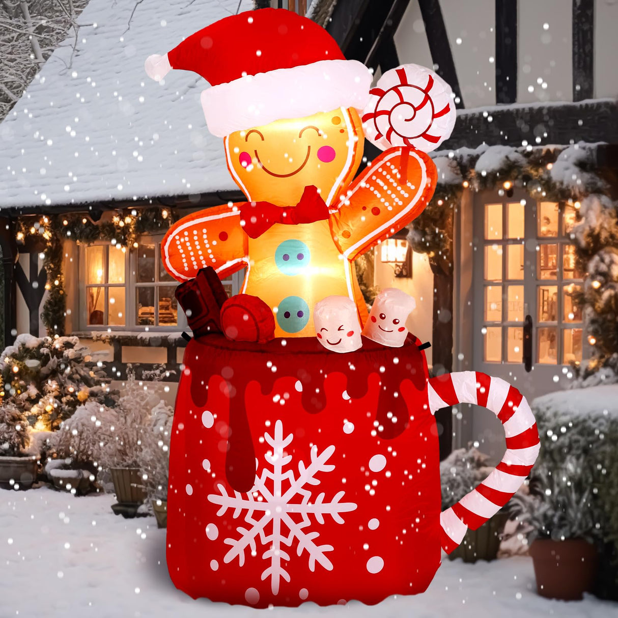 Crowye 6 FT Christmas Inflatables Gingerbread Inflatable Christmas Outdoor Decorations Cute Blow up Gingerbread Man in Hot Cocoa Mug with LED Light for Yard Garden Lawn Xmas Holiday Party Decor Crowye