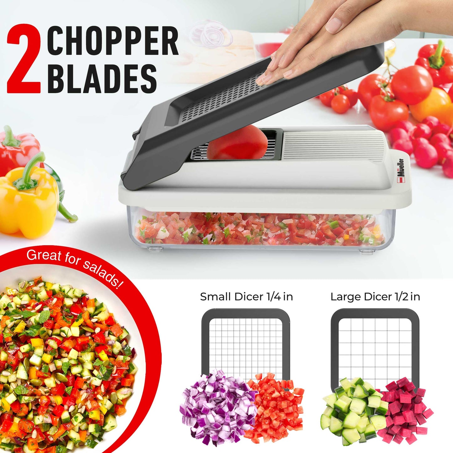 Mueller Vegetable Chopper 9 Blade, Mandoline Slicer, Food Veggie Chopper, Cheese Grater, Onion Vegetable Cutter with Container, Dicer, Kitchen Gadgets & Essentials, White Sand/Grey