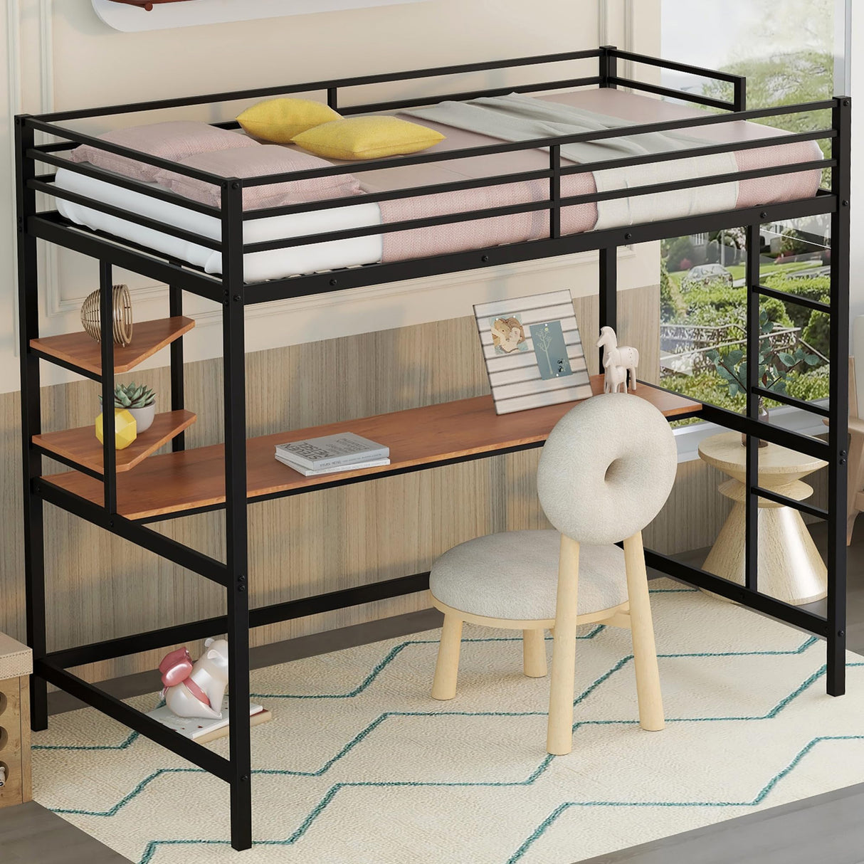 Metal Twin Size Loft Bed with Desk and Storage Shelves,Heavy Duty Loft Bed Frame with Safety Guardrail for Kids Boys Girls,Space Saving Twin,Black Bellemave