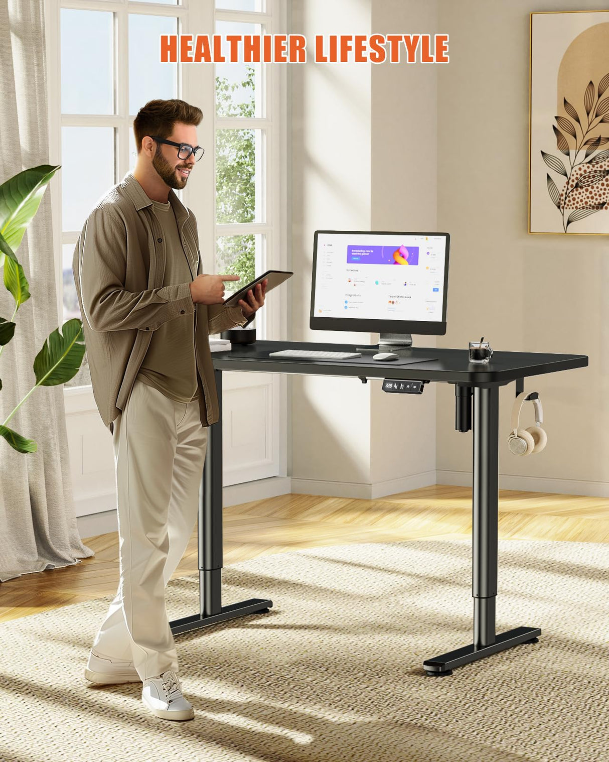 Flycity Electric Standing Desk Adjustable Height Stand Up Desk, 48" x 24" Sit Stand Desk, Low Noise Home Office Desk, Computer Desk with Whole-Piece Board, Child Lock & Memory Function, Black Flycity