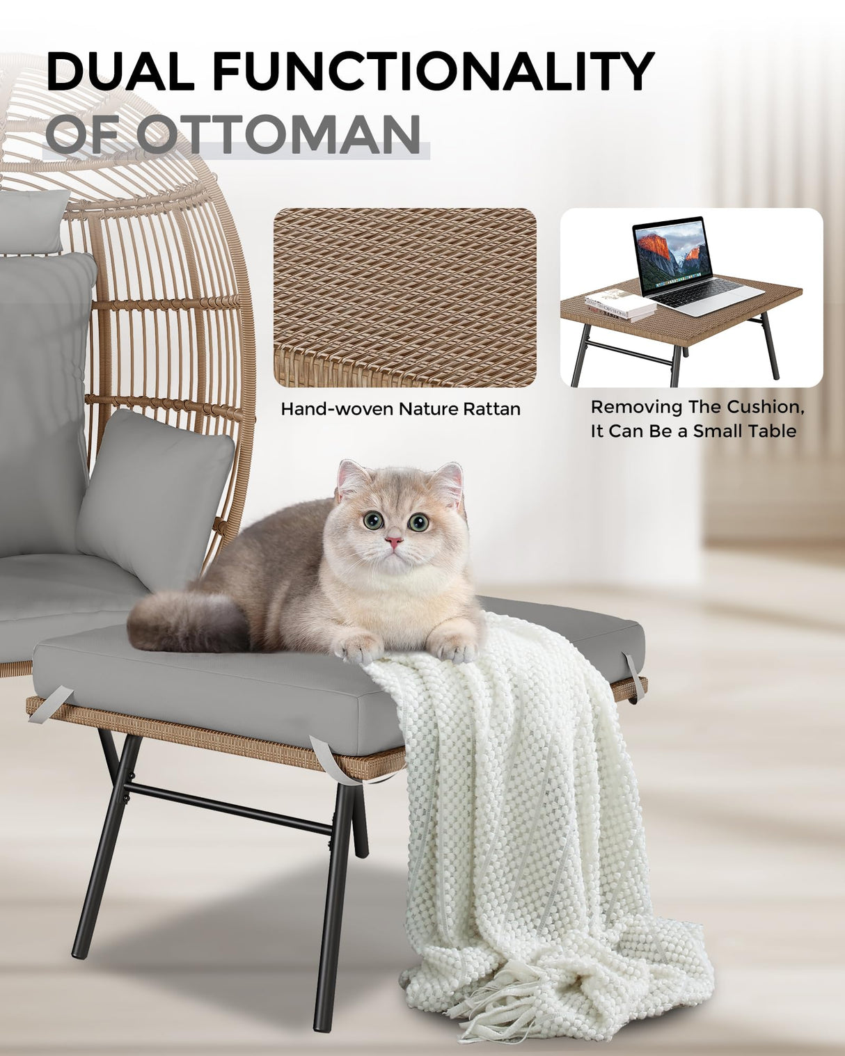 Wicker Egg Chair with Ottoman, Patio Lounge Egg Chair with Footrest, Comfy Hand-Made Rattan Chair with Thick Cusion & Metal Frame for Indoor, Outdoor, Patio and Porch, Grey Fitenlor