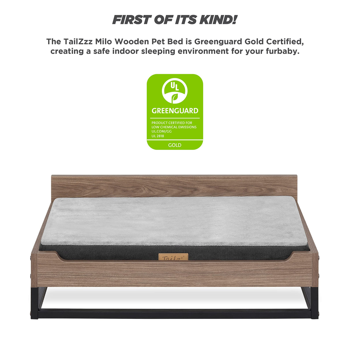 TailZzz Wooden Dog Bed and Dog Couch with Water-Resistant Mattress, Small to Medium Elevated Pet Bed with Calming Mattress, Greenguard Gold Certified, Dog Beds & Furniture, Milo, Walnut TailZzz