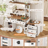 Hasuit Farmhouse Makeup Vanity Desk with Hollywood Makeup Mirror, 56.5" Large Vanity Desk with Charging Station, Vanity Table with Open Shelves & 5 Drawers & 2 Cabinets for Bedroom, Lights Adjustable Hasuit