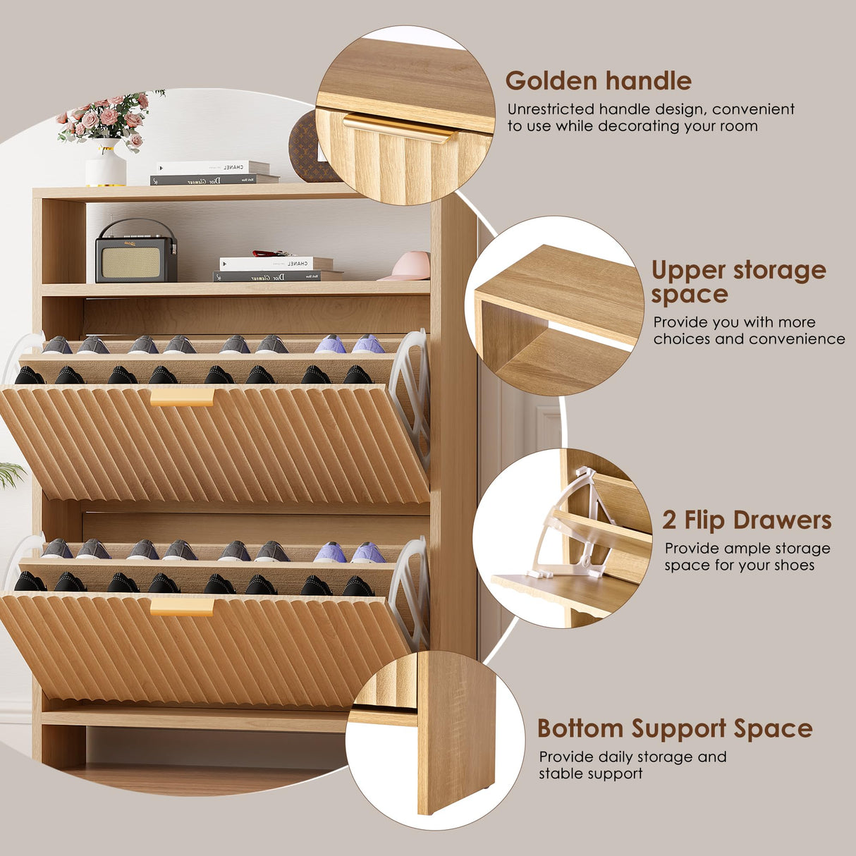 BEWISHOME Shoe Storage Cabinet for Entryway，Narrow Modern Shoe Organizer Cabinet with 2 Flip Drawers，Freestanding Fluted Shoe Organizer for Hallway,Wood,KXG04Y BEWISHOME