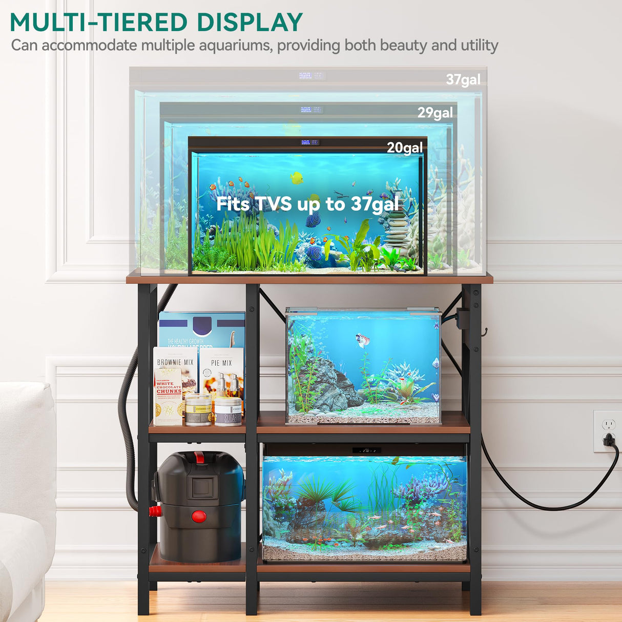 YITAHOME 10-29-37 Gallon Fish Tank Stand with Power Outlet, 30x16 Inch Metal Aquarium Stand with 3-Tier Adjustable Storage Shelves and Hooks, 450LBS Capacity, Rustic Brown YITAHOME