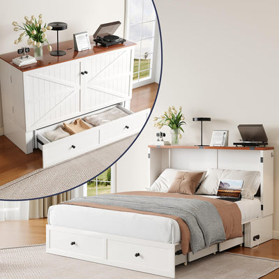 ZAFLY Murphy Bed Full Size, Cabinet Bed with Tri-Folding Mattress & USB Charging Station & Storage Drawers, Modern Multifunctional Cabinet Murphy Beds, Saving Spaces Hidden Guest Beds - White