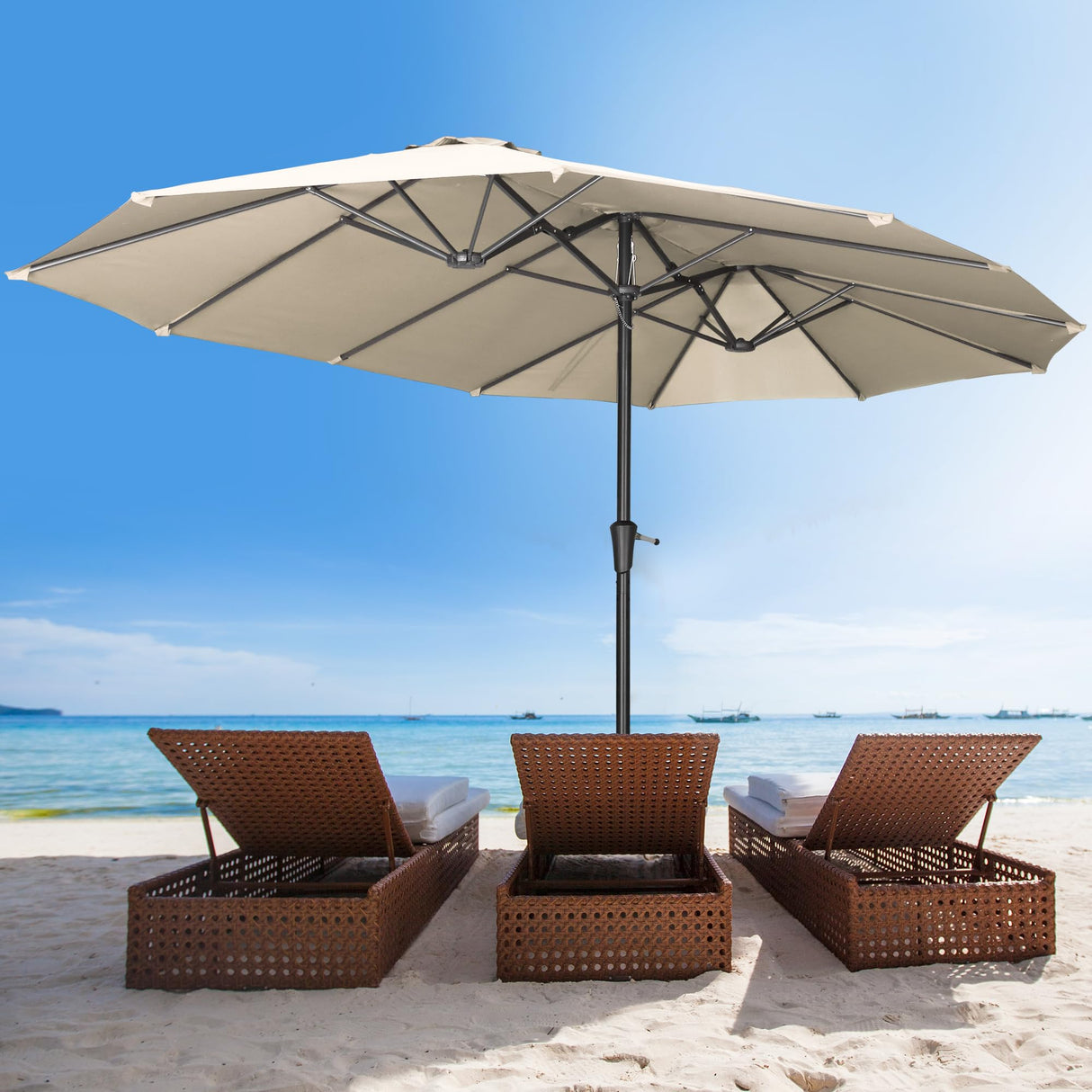 OVASTLKUY 15ft Extra Large Patio Umbrella, Double-Sided Outdoor Market Umbrella with Crank Handle for Poolside, Backyard, Garden, Deck (Khaki) No base OVASTLKUY