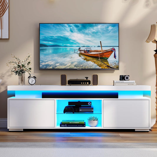 DWVO White TV Stand with LED Lights and Power Outlet, Modern Entertainment Center for 55/60/65 Inch, Media Console Table TV Cabinet with Storage, Universal TV Stand for Living Room