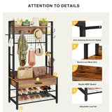 Recaceik Hall Tree, Entryway Coat Rack with Drawer, Industrial 5 In 1 Entryway Bench with Storage Shoe Rack and 12 Hooks, Freestanding Home Organizer with Shelf & Grid Panel, Anti-dumping Recaceik