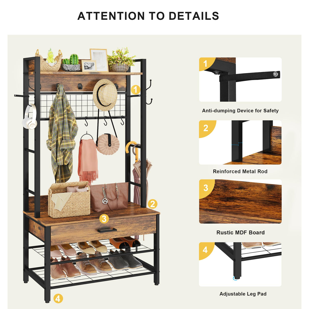DKLGG Hall Tree with Bench and Shoe Storage for Entryway, 5-in-1 Coat Rack with Shoe Storage, Wood Look Accent Shoe and Coat Rack, Farmhouse Hall Tree with 12 Hooks for Mudroom, Bedroom, Living Room DKLGG