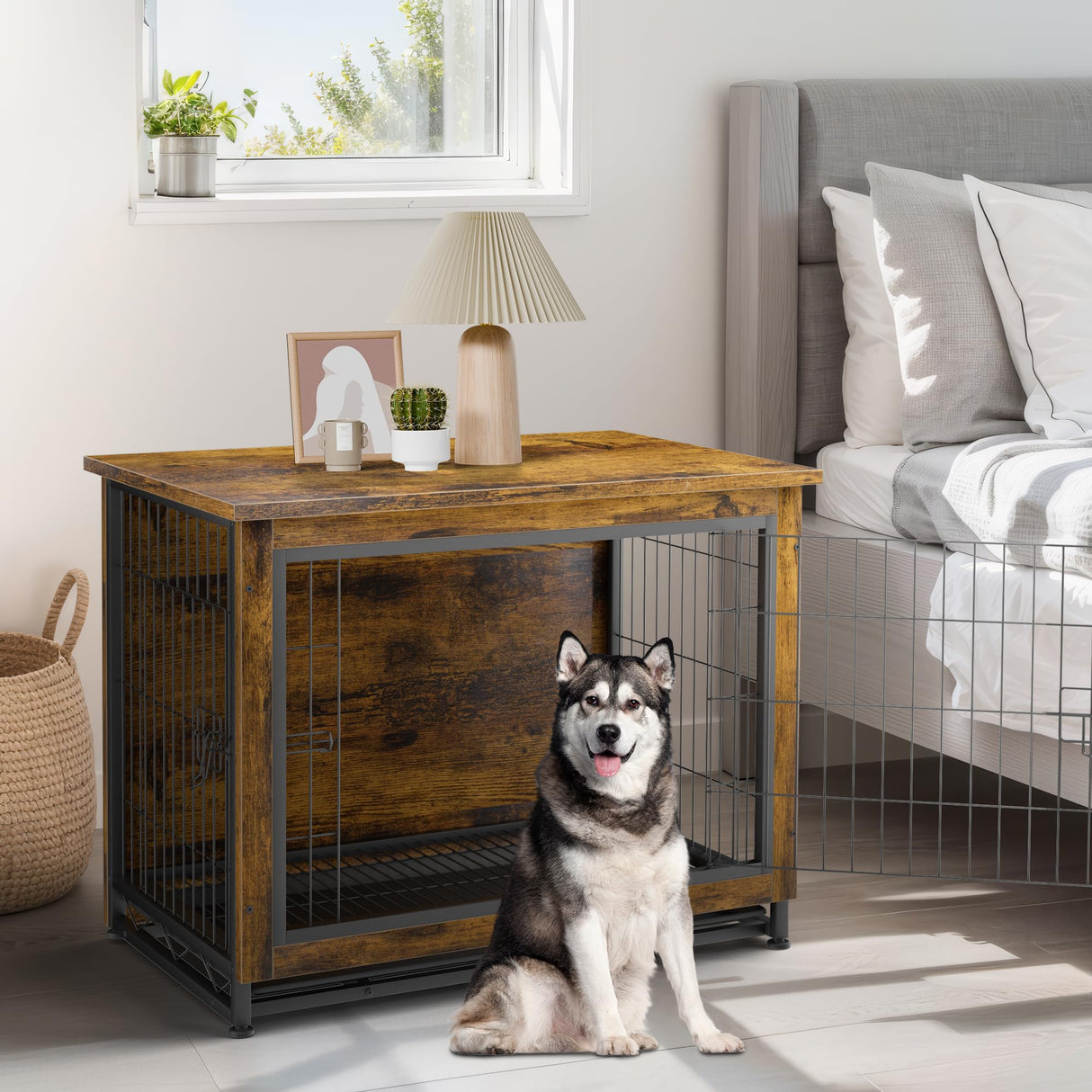 JY QAQA Dog Crate Furniture, Wooden Dog Crate Table, Double-Doors Dog Furniture, Indoor Dog Kennel, Dog House, Dog Cage/Brown/L JY QAQA PET
