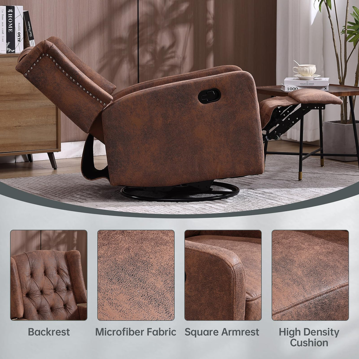 Swivel Rocking Recliner Nursery Chair, Modern Glider Chair with Foot Rest Upholstered Nursery Glider Rocker Comfy Accent Chair Tufted Wingback Lounge Arm Chair for Living Room, Bedroom, Coffee SmartDer