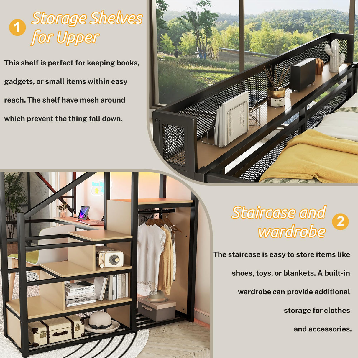 Mirightone Queen Size Loft Bed with Desk & Stairs, Heavy-Duty Metal Loft Beds with LED and Charging Station, High Loft Bed Frame with Wardrobe for Boys Girls and Teens, No Box Spring Needed (Black) Mirightone