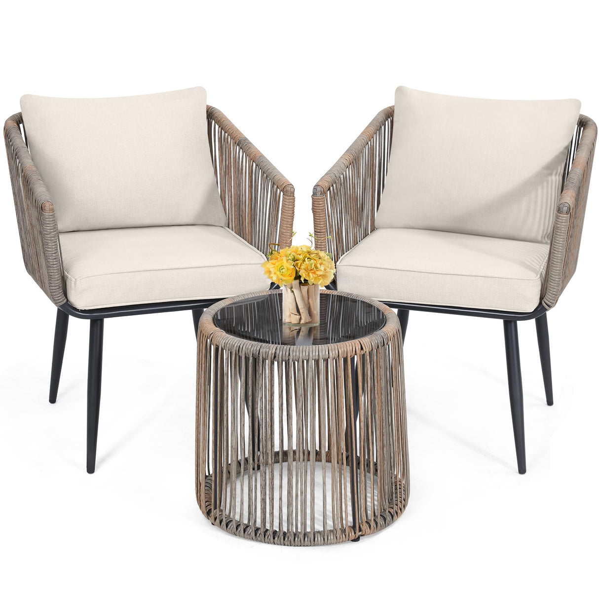 Kromax 3 Piece Patio Rattan Bistro Conversation Set, Outdoor All Weather Wicker Furniture Chairs and Side Table Set, Ideal for Balcony, Porch and Backyard, Beige Kromax