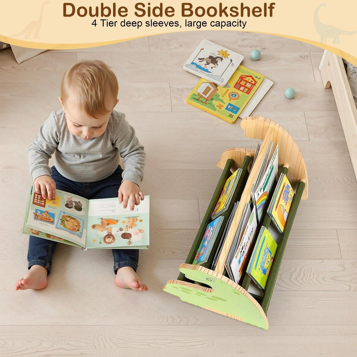 SheSeek Toddler Bookshelf Double-Sided with 4 Tier Deep Sleeves Kids Wooden Montessori Book Rack for Baby Nursery Room, Playroom, Classroom or Bedroom Bookcase Storage Organizer, Green Dinosaur SheSeek
