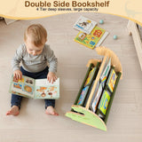 SheSeek Toddler Bookshelf Double-Sided with 4 Tier Deep Sleeves Kids Wooden Montessori Book Rack for Baby Nursery Room, Playroom, Classroom or Bedroom Bookcase Storage Organizer, Green Dinosaur SheSeek