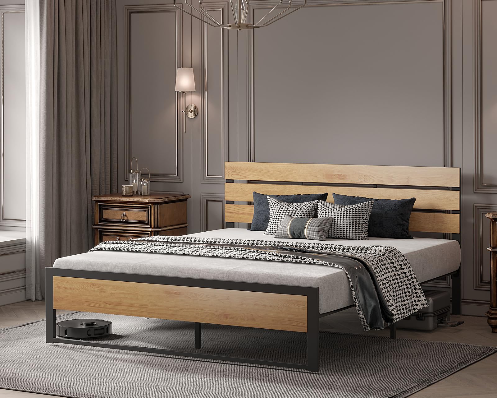 BONSOIR King Size Steel Platform Bed Frame with Wood Headboard – Easy Assembly, No Box Spring Required, Squeak-Free Design - WoodArtSupply