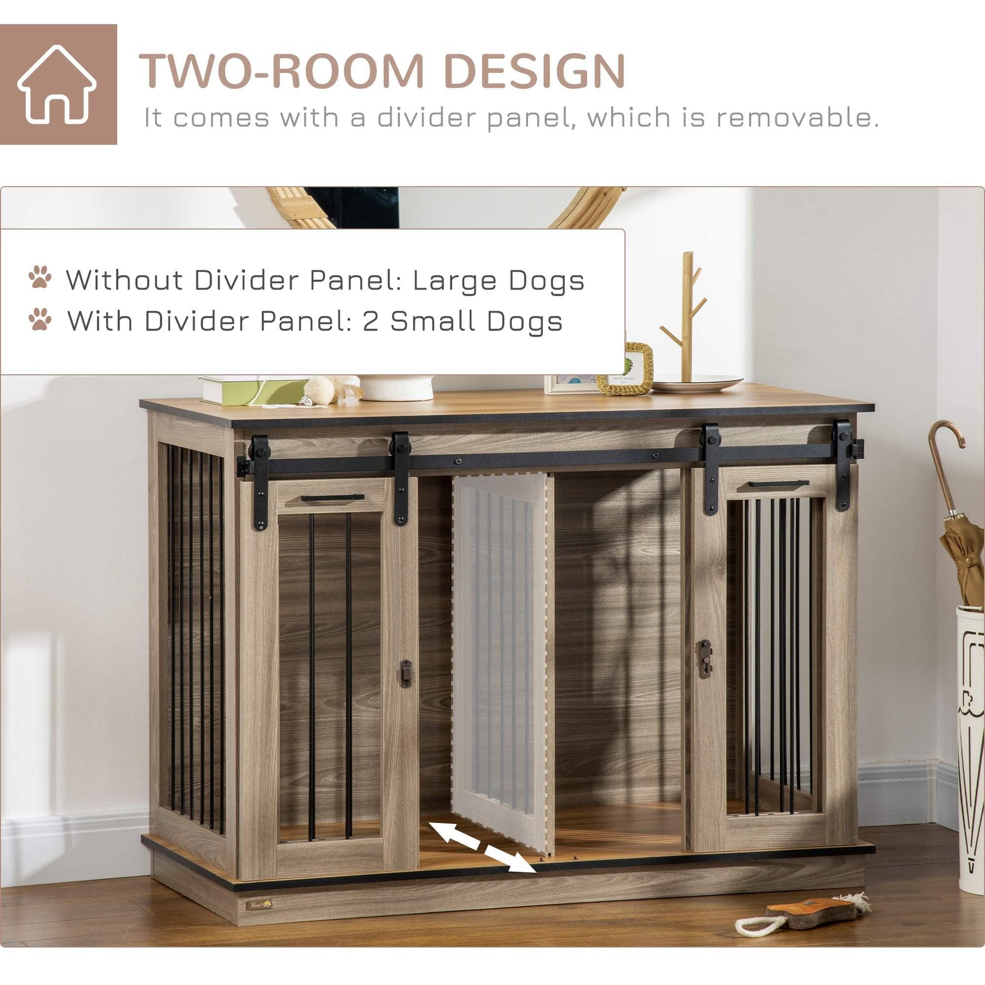 PawHut Dog Crate Furniture with Divider, Dog Crate End Table for Small to Large Dogs, Large Indoor Dog Kennel with Double Doors, 47" W x 23.5" D x 35" H, Oak - WoodArtSupply