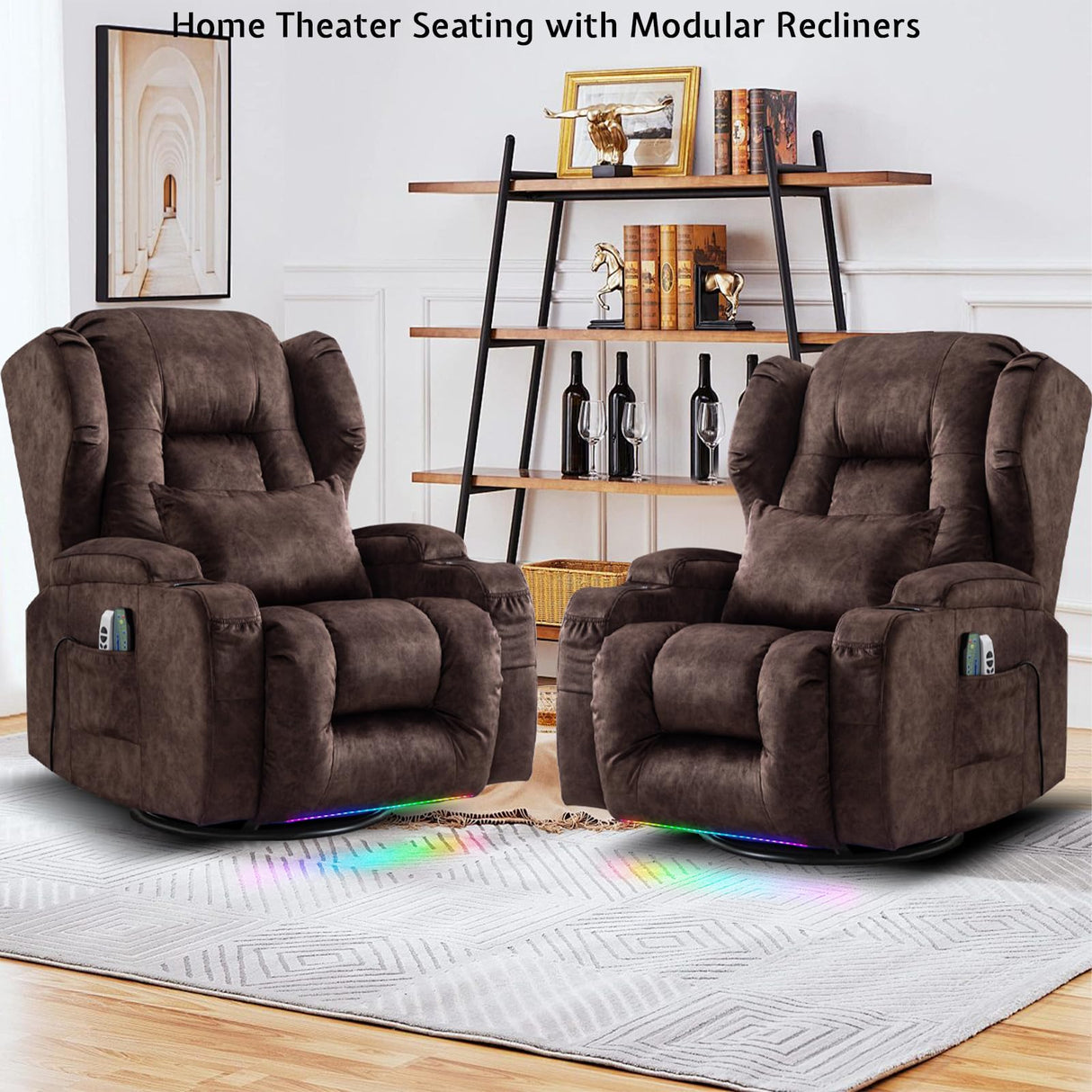 BINGTOO Power Swivel Rocker Recliner Chair with Massage & Heat, Electric Wall Hugger Reclining Sofa for Adults with LED Light/Cup Holders/USB Ports, Velvet Brown BINGTOO