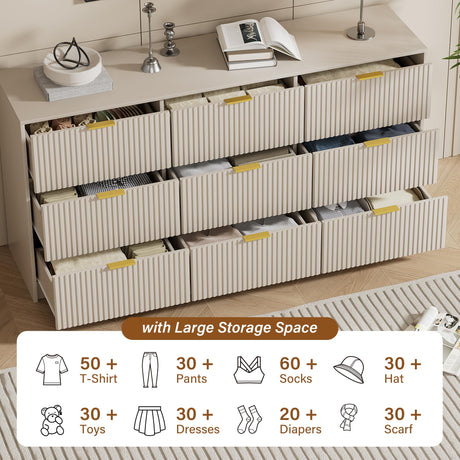 Furniway Beige Dresser for Bedroom, Modern Dresser with 9 Drawers and Smooth Slides, Wide Chest of Drawers with Golden Handles for Bedroom, Living Room, Closet, 15.7" D x 63" W x 31.5" H Furniway
