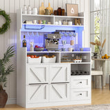 VVFLU Hutch Storage Buffet Cabinet with Drawers, and Charging Station, Coffee Bar Cabinet with Barn Doors, Wine Rack and Hooks, White Wood Sideboard Buffet for Kitchen, Dining Room, 54.5" High VVFLU