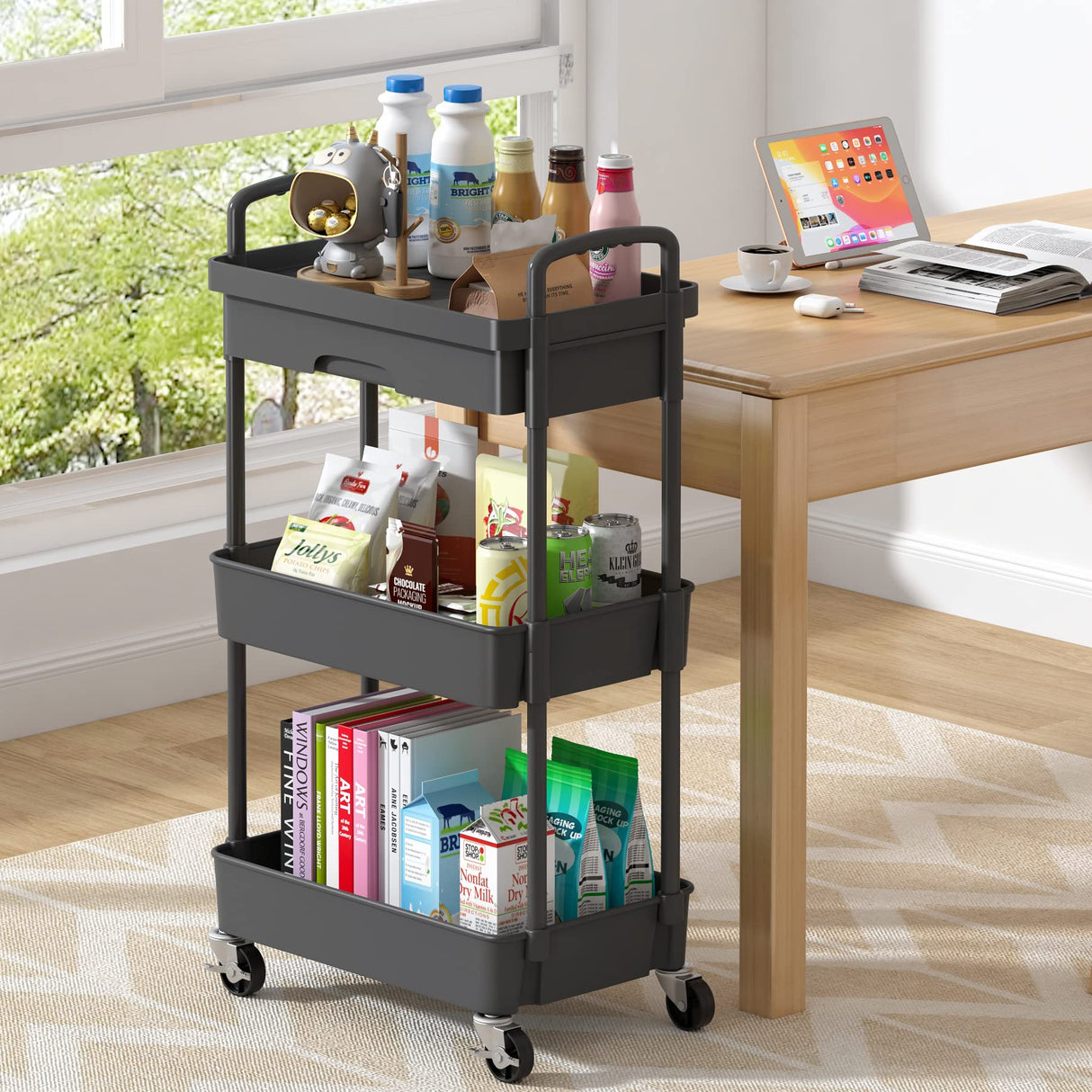 Dttwacoyh 3-Tier Rolling Cart，Trolley with Drawer, Multifunctional Storage Organizer with Plastic Shelf & Metal Wheels, Kitchen Storage Cart for Living Room, Kitchen, Office, Bathroom, Black Dttwacoyh