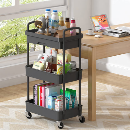 Dttwacoyh 3-Tier Rolling Cart，Trolley with Drawer, Multifunctional Storage Organizer with Plastic Shelf & Metal Wheels, Kitchen Storage Cart for Living Room, Kitchen, Office, Bathroom, Black - WoodArtSupply