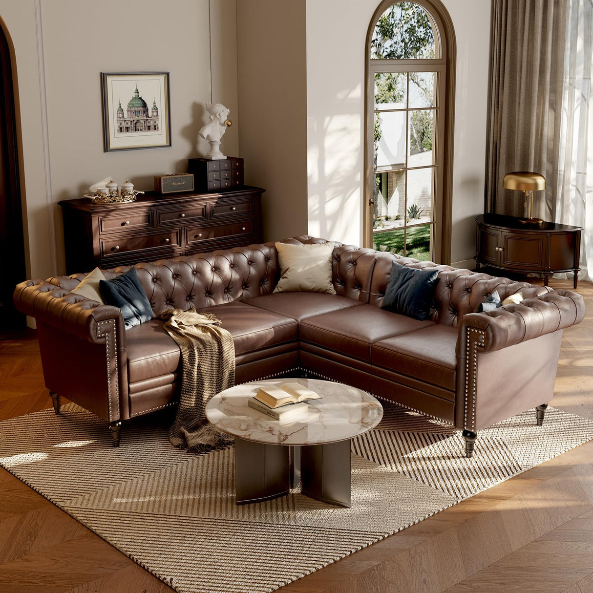 EYBCT Faux Leather Sectional Sofa Couch for Living Room, L Shaped Reversible Modern Chesterfield Sofa with Rolled Arms and Nailhead, 5 Seat Tufted Couch for Small or Large Space (Dark Brown) EYBCT