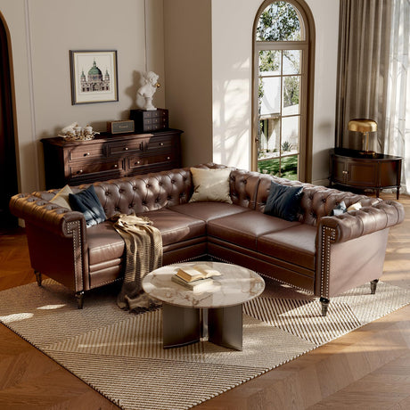 EYBCT Faux Leather Sectional Sofa Couch for Living Room, L Shaped Reversible Modern Chesterfield Sofa with Rolled Arms and Nailhead, 5 Seat Tufted Couch for Small or Large Space (Dark Brown) EYBCT