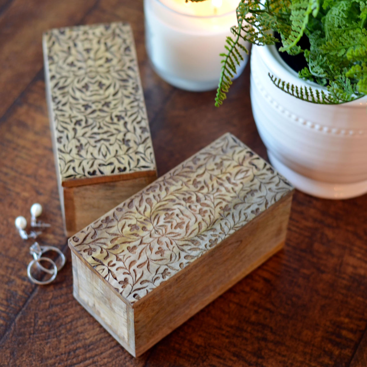 WHW Whole House Worlds Decorative Wood Boxes, Set of 2, CarvedLeaf and Vine Details, Removable Lids, Durable Brown Mango, 6 Inches WHW Whole House Worlds