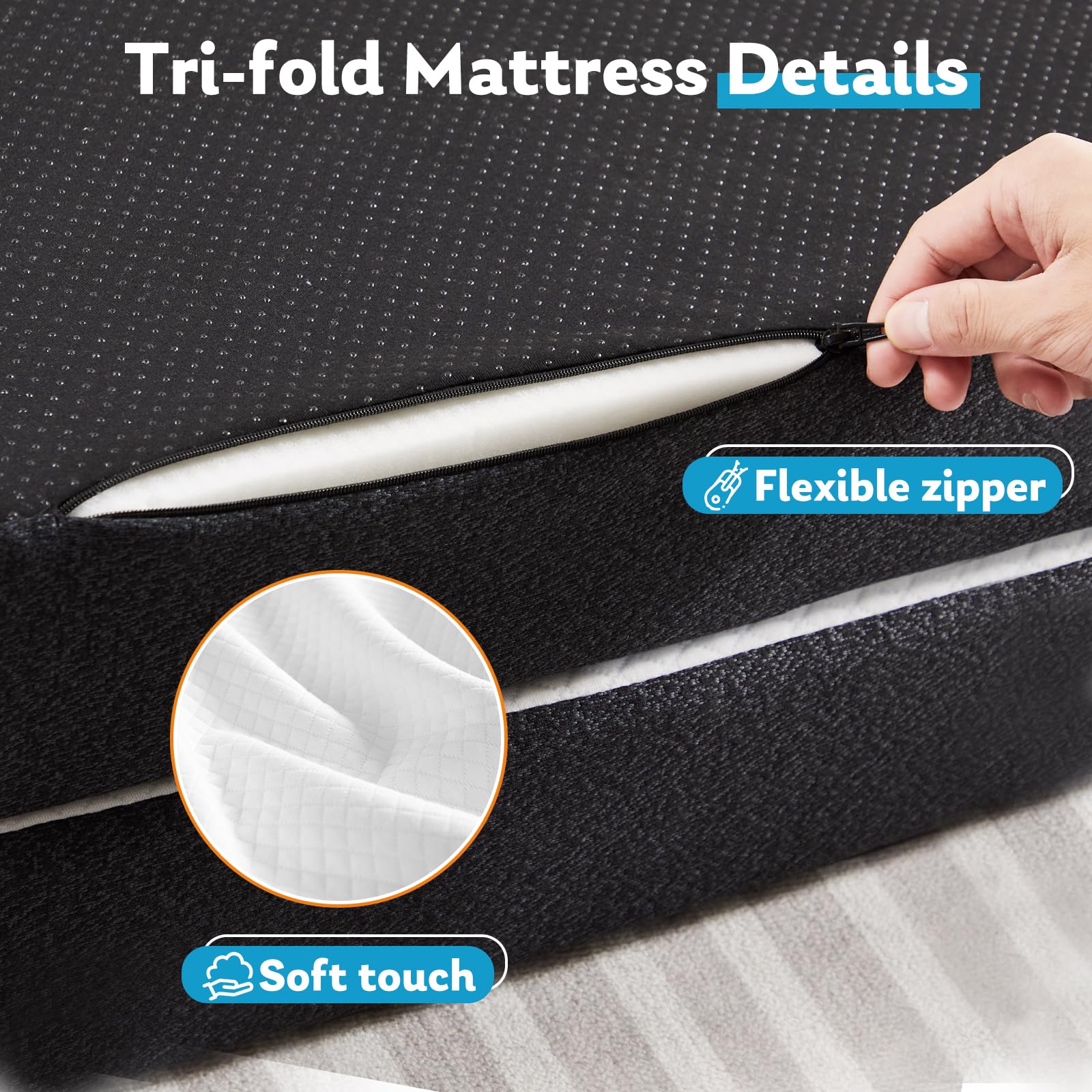 wOod-it Folding Mattress, 4 inch Tri-Fold Memory Foam Mattress Topper for Camping, Foldable Guest Bed, Portable Travel Mat with Washable Cover, 75"×25"×4", White - WoodArtSupply