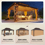 YOLENY 12' x 16' Gazebo Hardtop with Aluminum Frame,Galvanized Steel Double Roof Gazebos with Curtain and Netting,Outdoor Metal Pergolas for Garden, Lawn, Deck, Brown YOLENY
