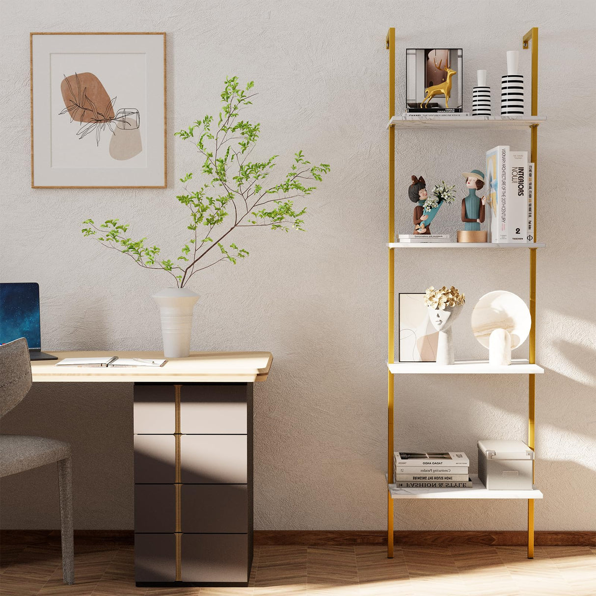 Wolawu Ladder Shelf 4 Tiers Metal Industrial Bookshelf,White Marble Wood Tall Open Storage Rack and Display Shelves,Wall Mount Wide Book Case for Home Office Bedroom,Small Wolawu