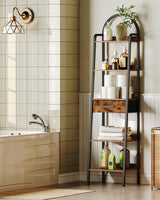 CHOEZON 5 Tier Ladder Shelf with Drawer, Tall Narrow Bookshelf with Storage, Industrial Ladder Bookshelf, Tall Corner Shelves for Living Room, Bedroom, Balcony, Rustic Brown and Black TCJ07BF CHOEZON