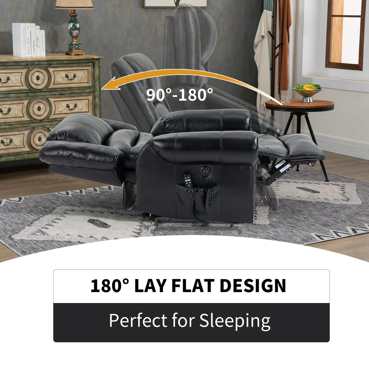 Dual Motor Power Lift Chair, Lay Flat Recliner Chair, Electric Recliner with Massage and Heat for Elderly, Remote Control, Infinite Position, Standing Assistance, USB Ports (Black, Genuine Leather) Trustyue