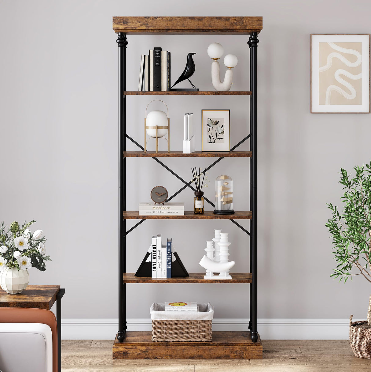 GarveeHome 6 Tier Bookshelf Industrial Bookcase Wood Tall Standing Bookshelves Wood Vintage Display Rack Rustic Bookshelf GarveeHome