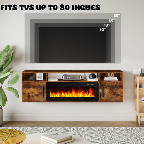 LEMBERI Floating Fireplace TV Stand 70'' Wall Mounted Shelf, LED Light Entertainment Center and Storage, Modern Wood Media TV Console with Highlight Cabinet for Living Room (Brown) LEMBERI