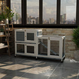 GDLF Two Floors 58" Wooden Indoor Bunny Hutch Rabbit Cage on Wheels Guinea Pig PET House for Small to Medium Animals Waterproof No Leak Tray GDLF