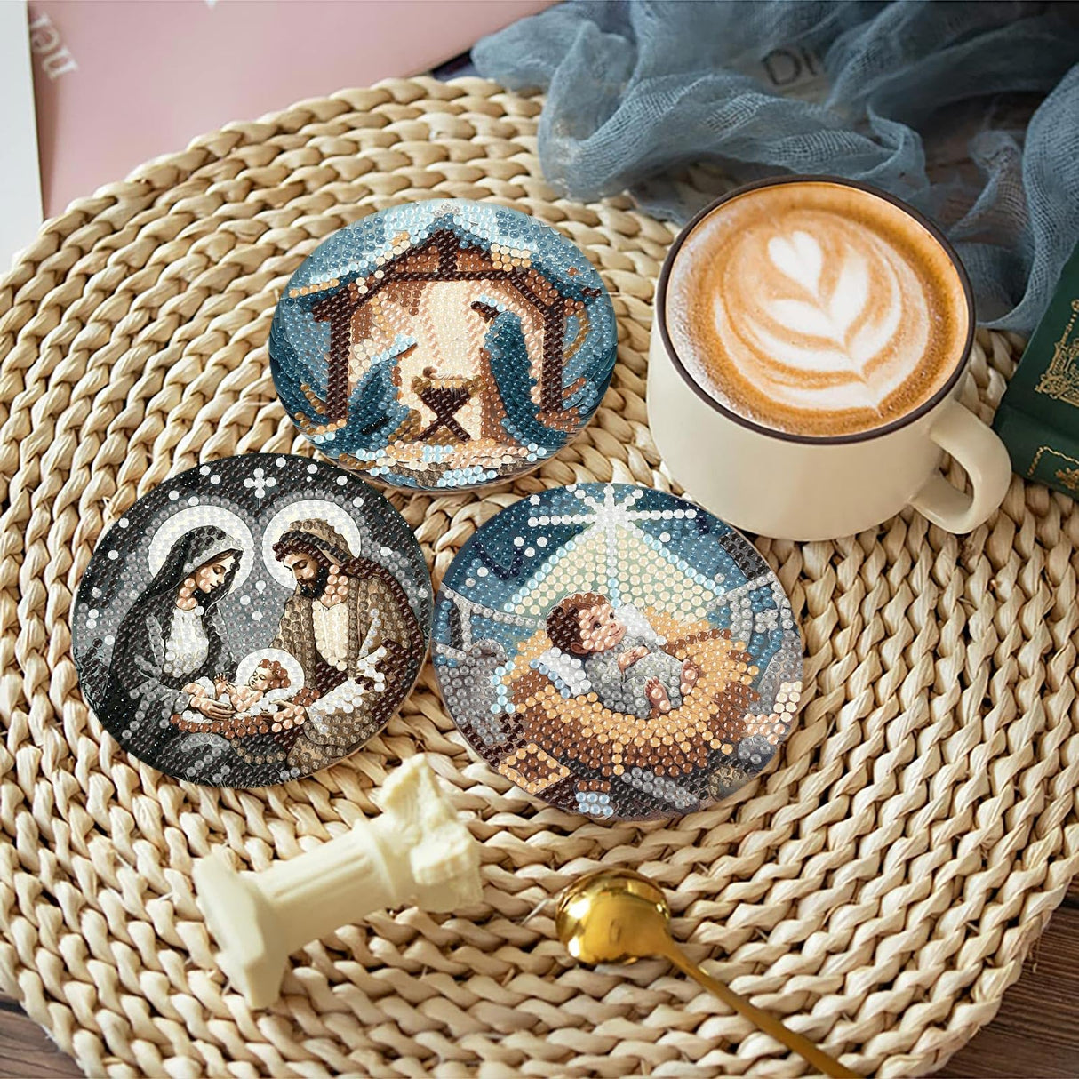 Yijingtop 8PCS Jesus Diamond Art Coasters Kits,Religion Diamond Painting Coasters with Holder,Small Diamond Art Kits for Adults,Crystal Gem Art Kits for Home Wall Decor Yijingtop